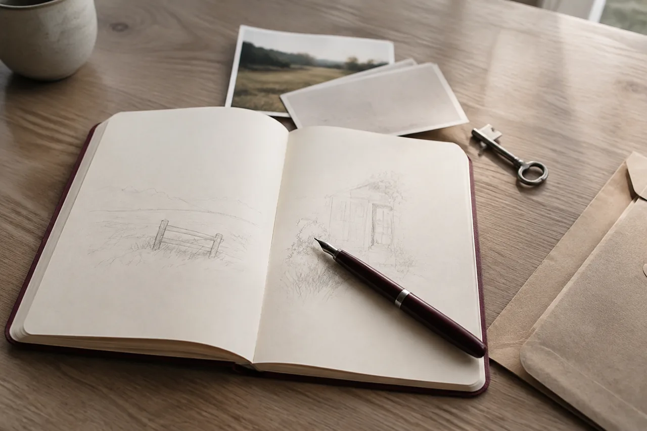 Un carnet contemporain ouvert sur deux croquis, accompagné d'une photographie de paysage floue, d'une clé et d'une enveloppe vierge.