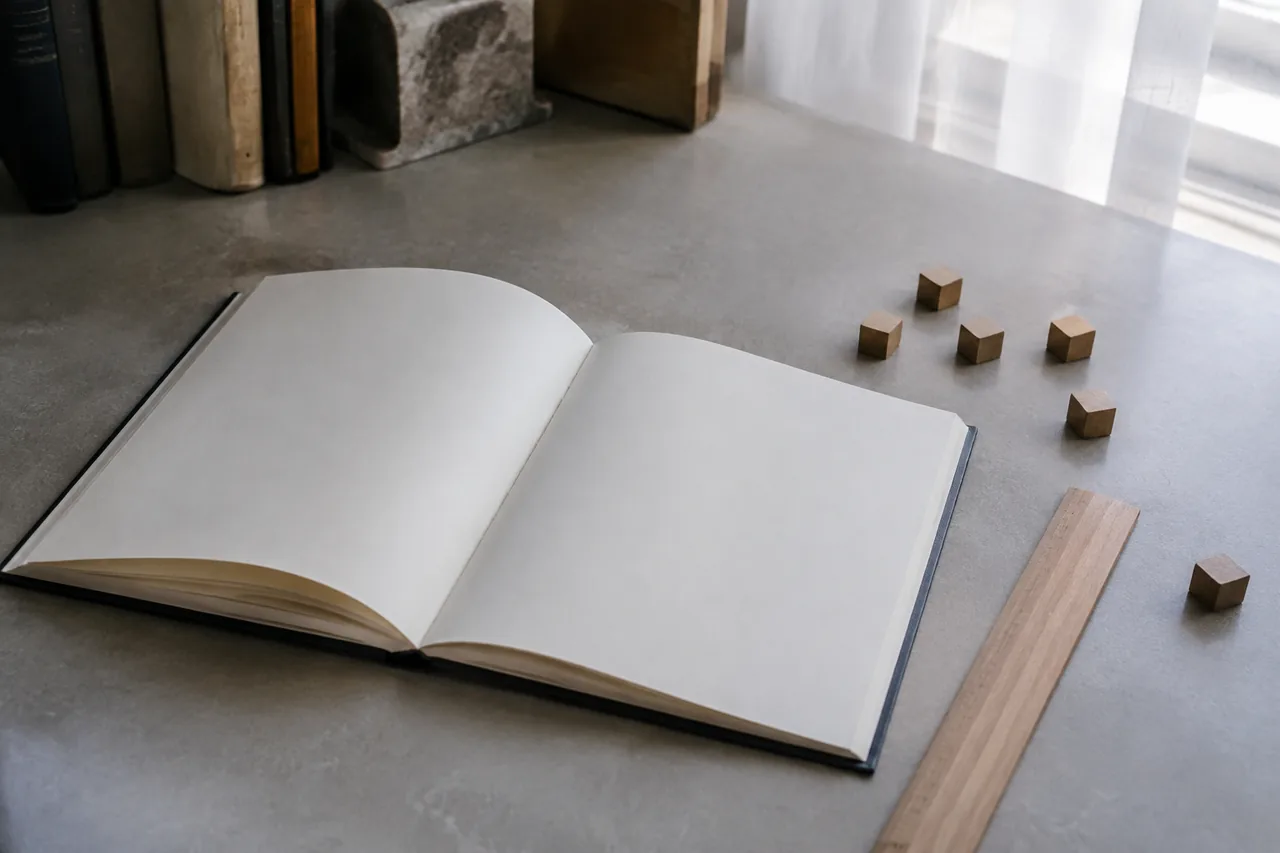 Un livre vierge, une règle retournée et quelques petits cubes de comptage sur un bureau.