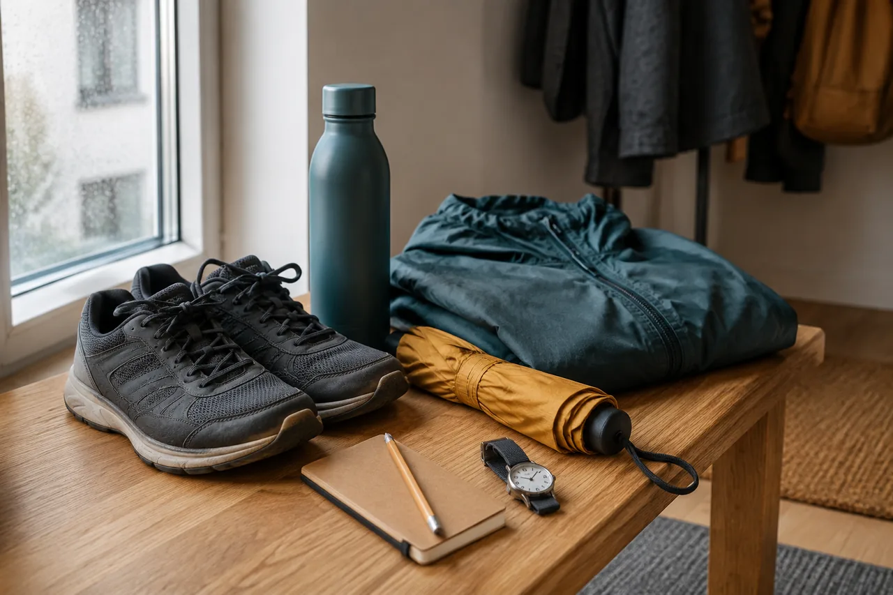 Schuhe, eine leichte Jacke, eine Trinkflasche, ein Regenschirm und ein Notizheft liegen für einen Ausflug bereit.