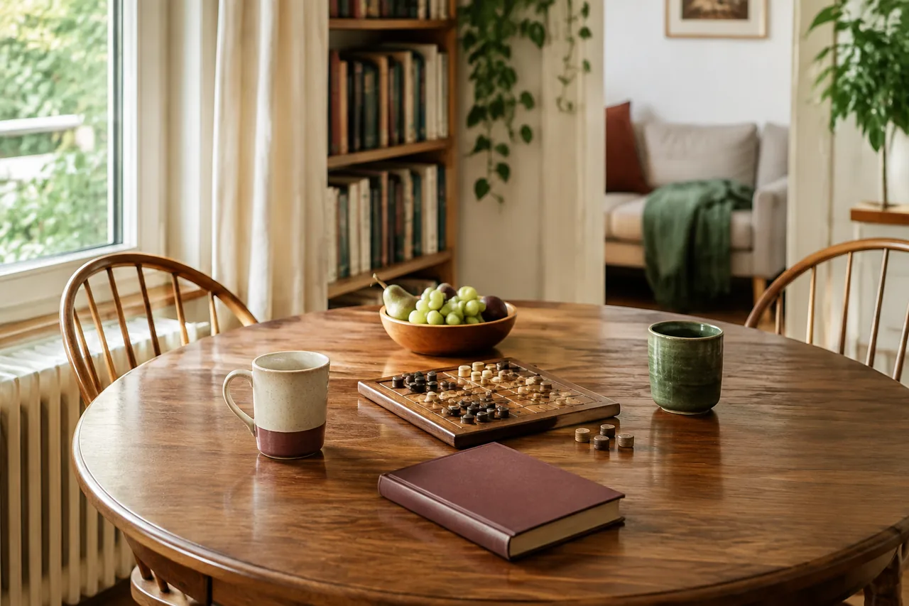 Deux tasses différentes, un jeu en cours, un livre fermé et des fruits sur une table domestique.